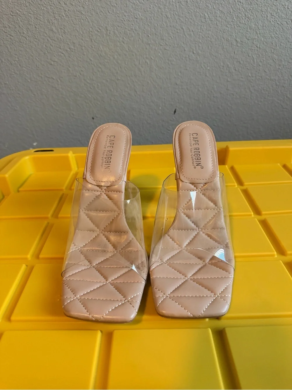 Cape Robbin Square Toe Blush Quilted Clear Block Heel Mules